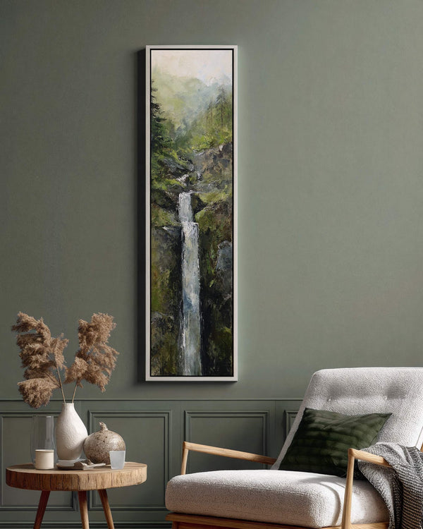 Vertical canvas wall art in interior setting.