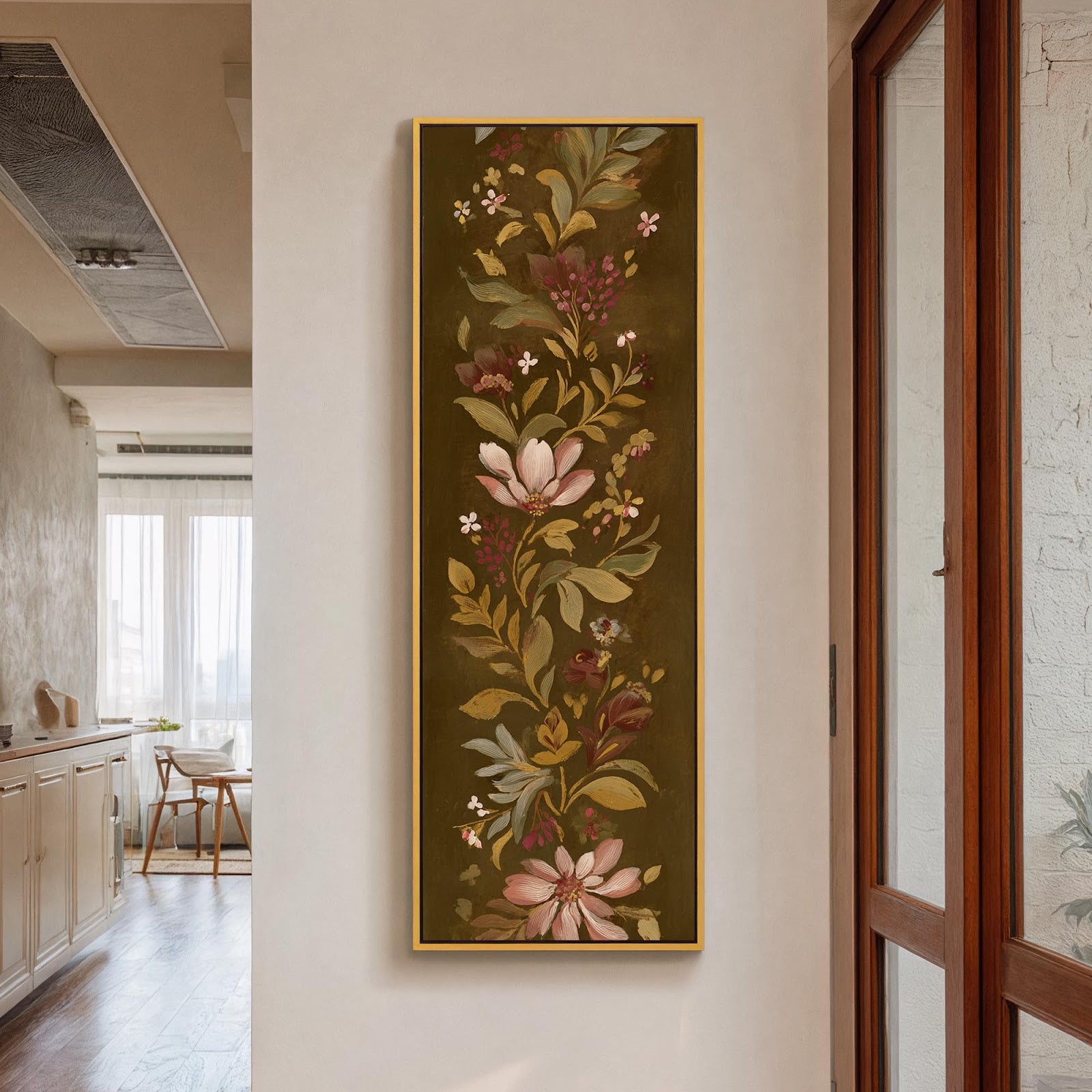 Vertical canvas wall art in interior setting.