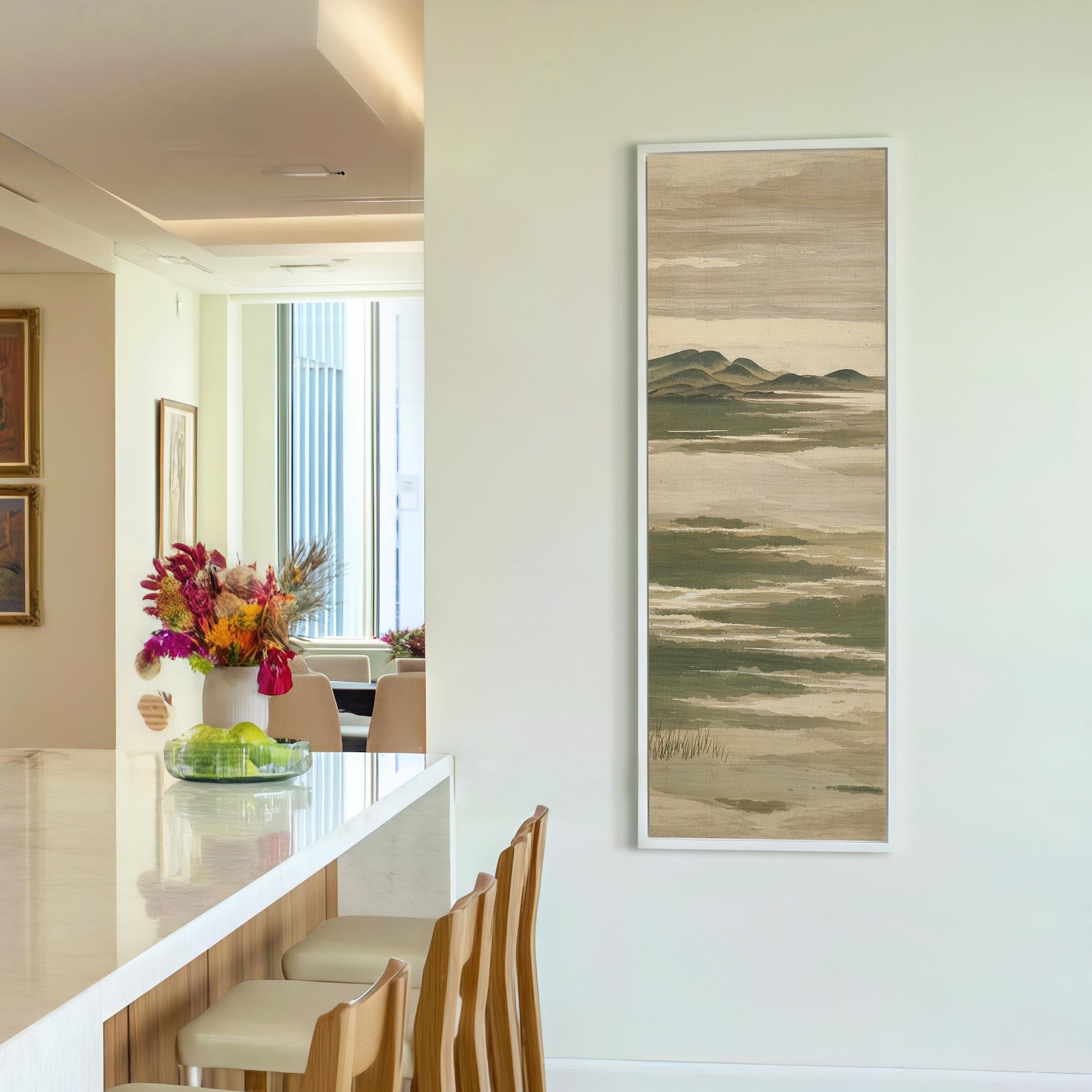 Vertical canvas wall art in interior setting.