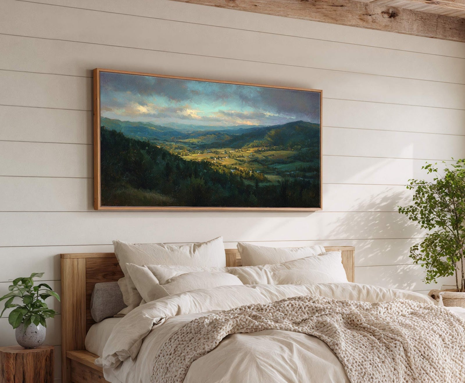 This horizontal canvas wall art features a landscape painting with a vibrant palette of greens and blues, depicting rolling hills and a valley under a dramatic sky. It is displayed.