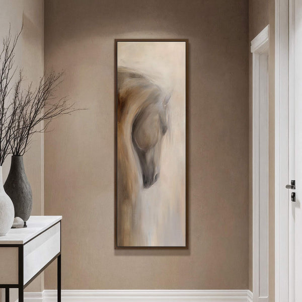 This vertical, abstract canvas wall art depicts a horse's head in muted earth tones with a painterly style, displayed in a hallway with a textured brown wall and a console.