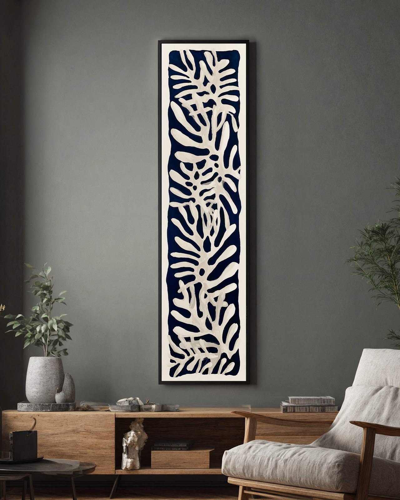 Vertical canvas wall art in interior setting.