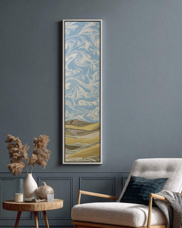 Vertical canvas wall art in interior setting.