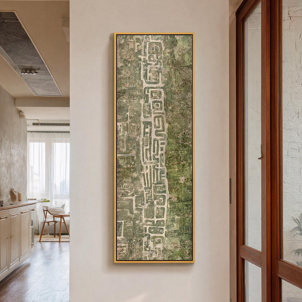 Vertical canvas wall art in interior setting.