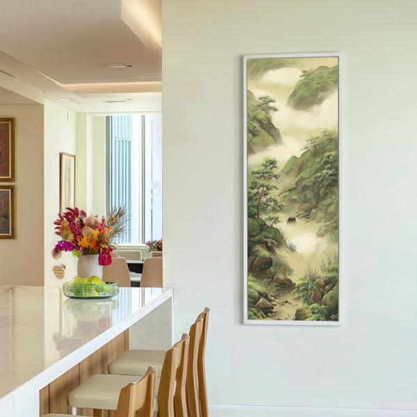 Vertical canvas wall art in interior setting.