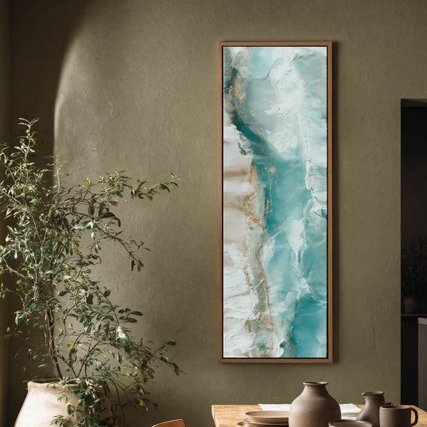 Vertical canvas wall art in interior setting.
