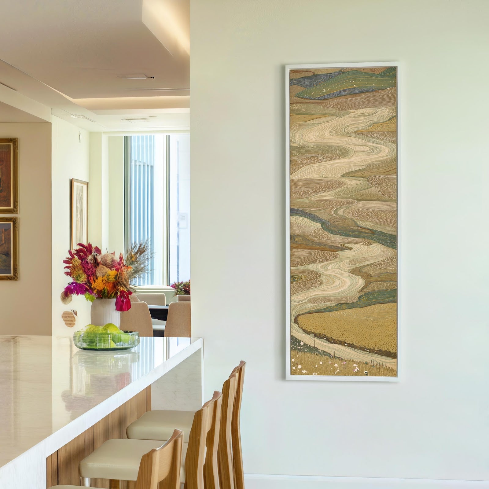 Vertical canvas wall art in interior setting.