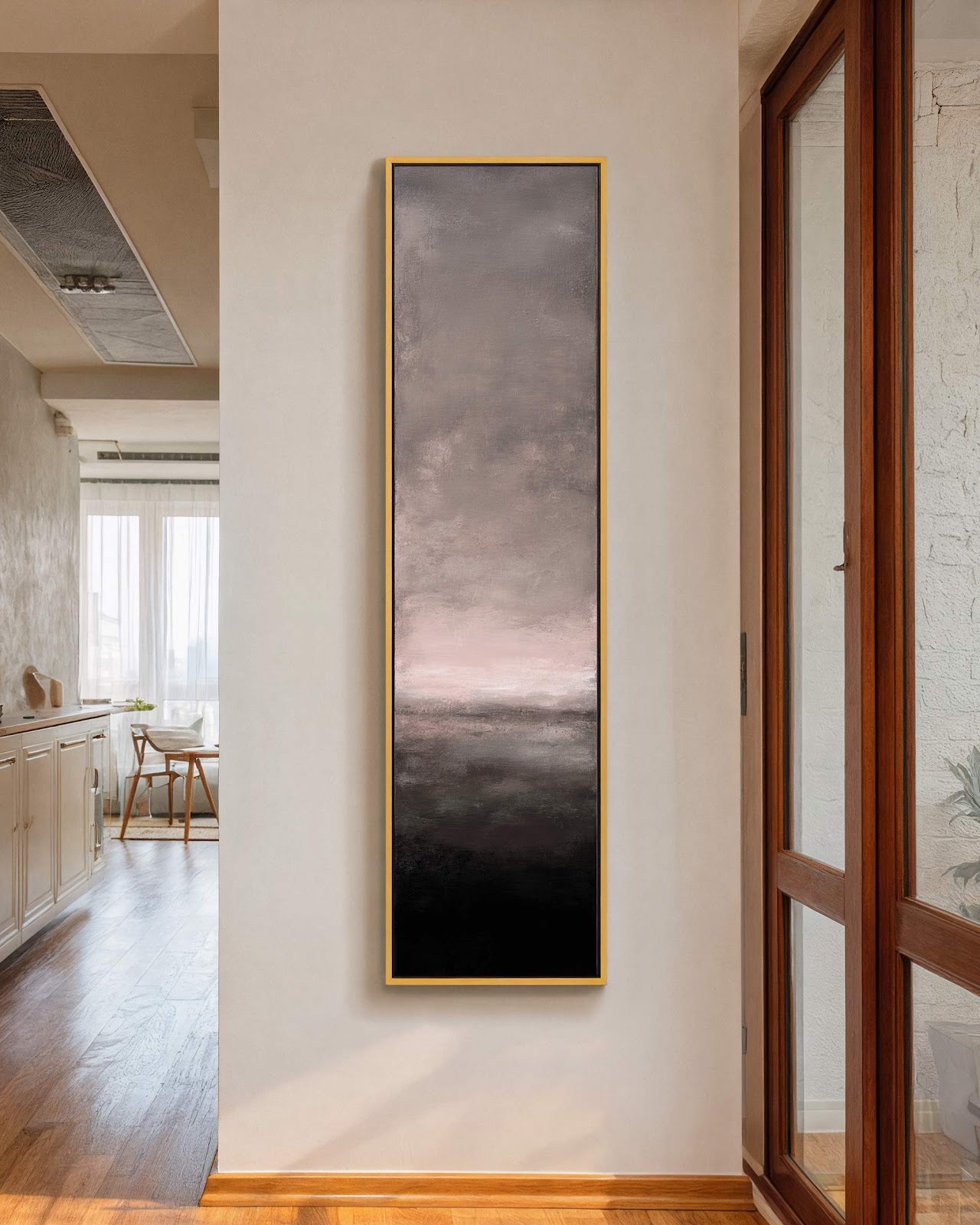 Vertical canvas wall art in interior setting.
