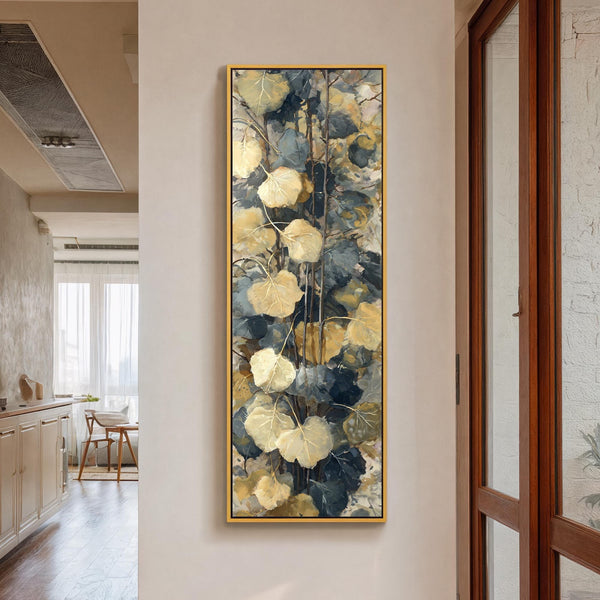 Vertical canvas wall art in interior setting.