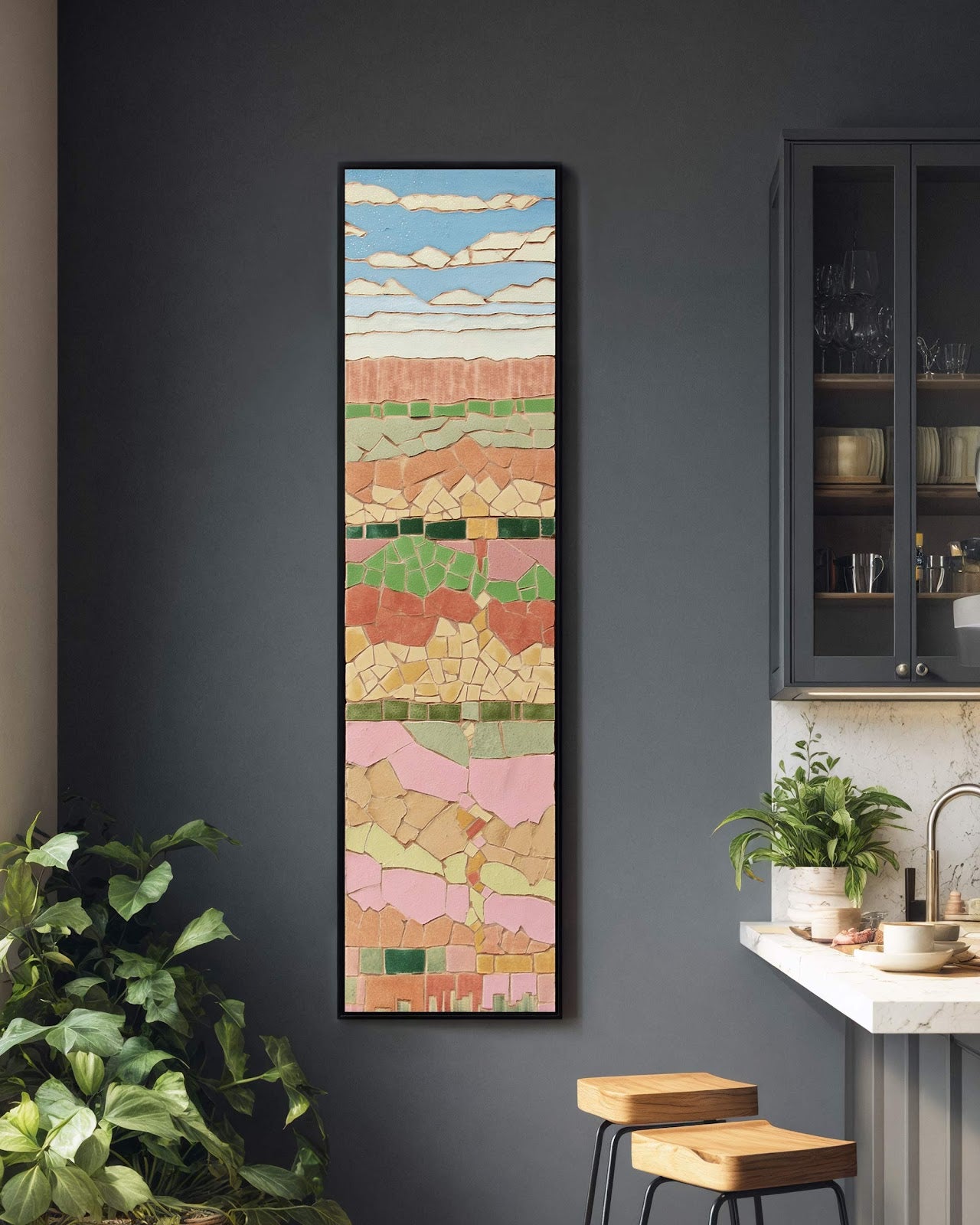 Vertical canvas wall art in interior setting.