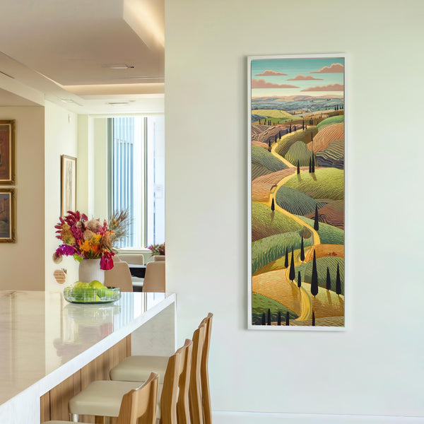Vertical canvas wall art in interior setting.