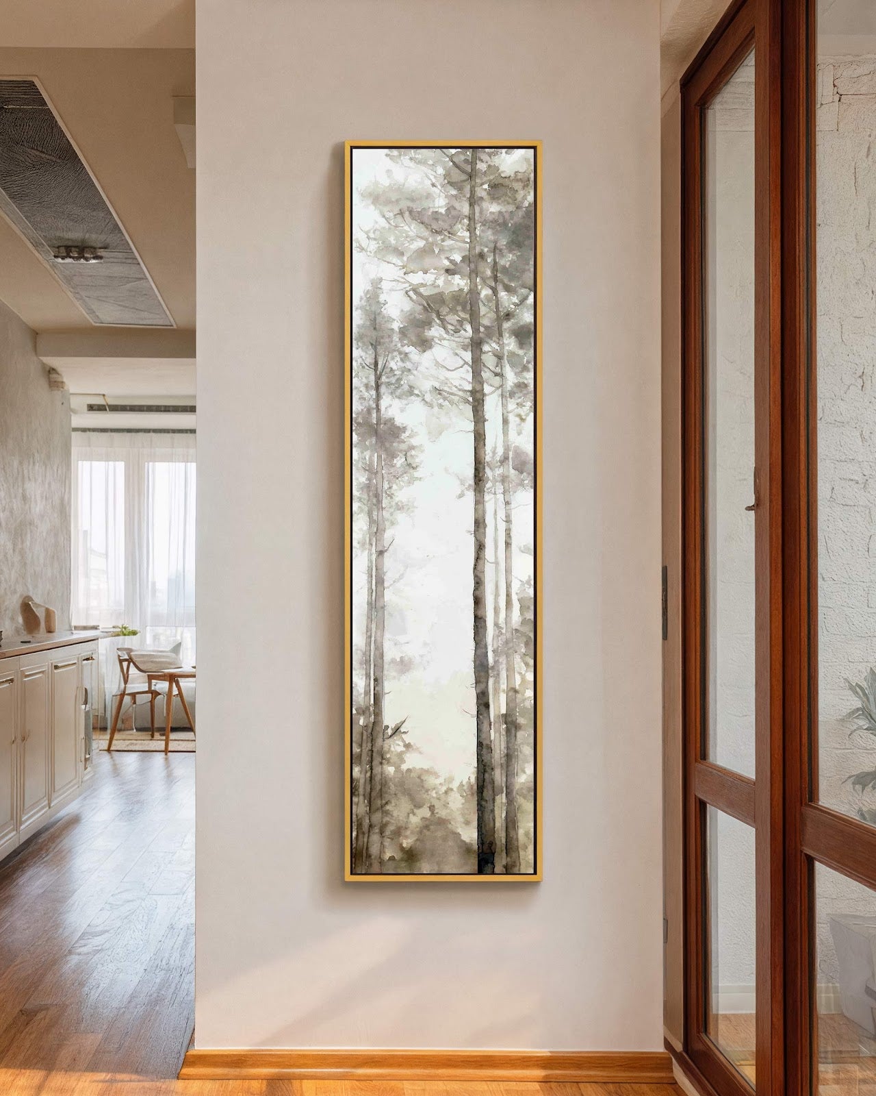 Vertical canvas wall art in interior setting.