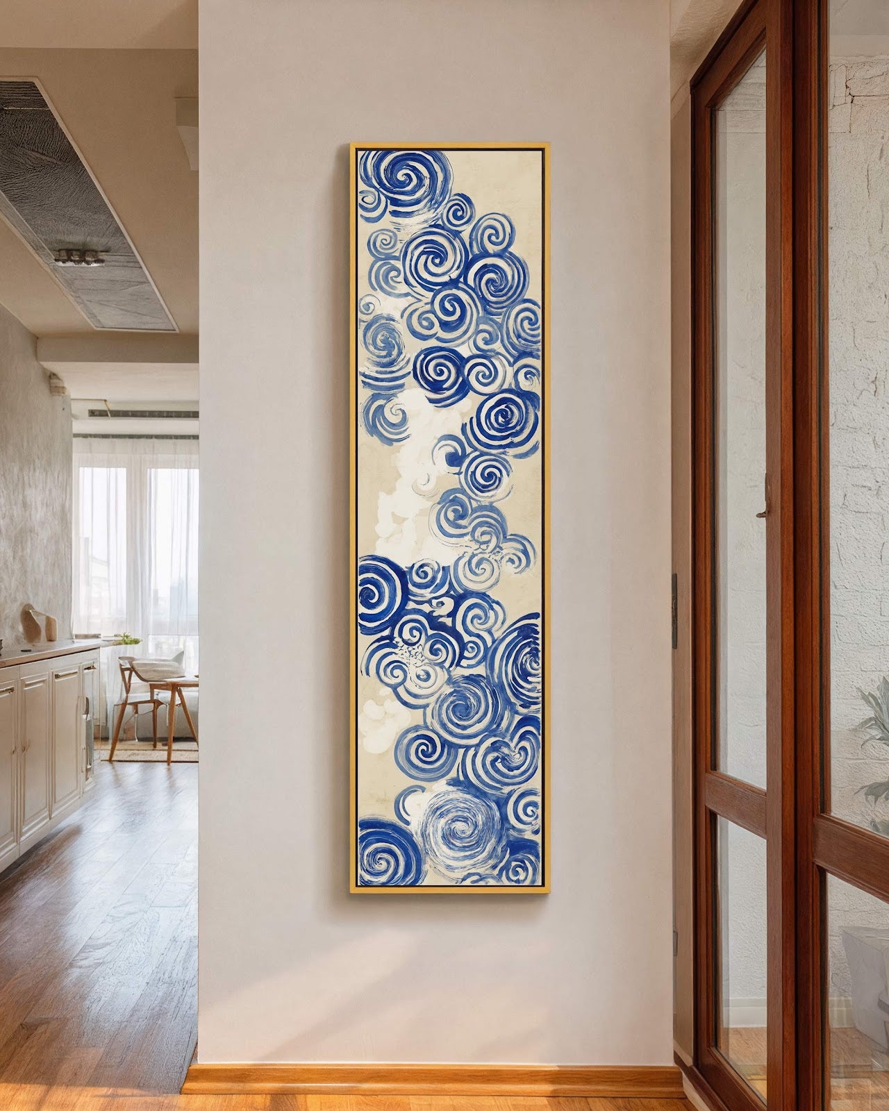 Vertical canvas wall art in interior setting.