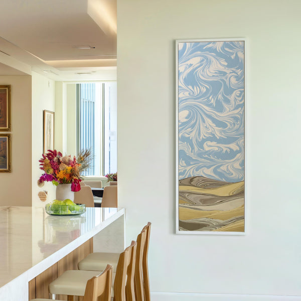 Vertical canvas wall art in interior setting.