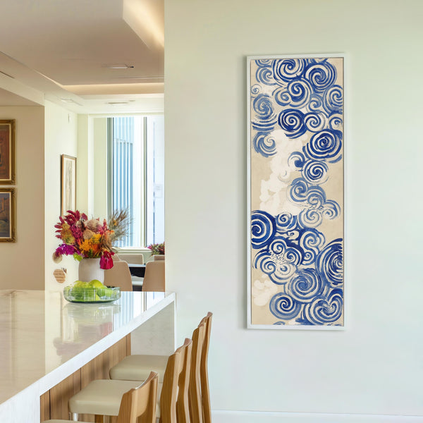 Vertical canvas wall art in interior setting.