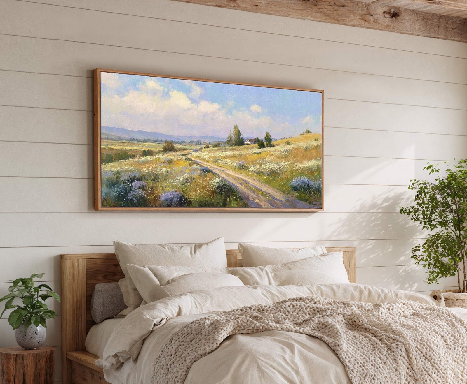 This horizontal canvas print features a pastoral landscape with a dirt path leading to a small house. The artwork, with its vibrant green and yellow palette and impressionistic style, is.