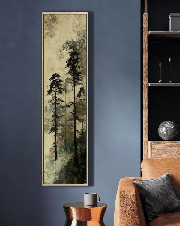Vertical canvas wall art in interior setting.