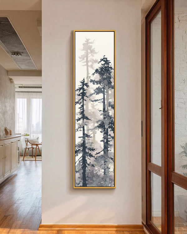 Vertical canvas wall art in interior setting.