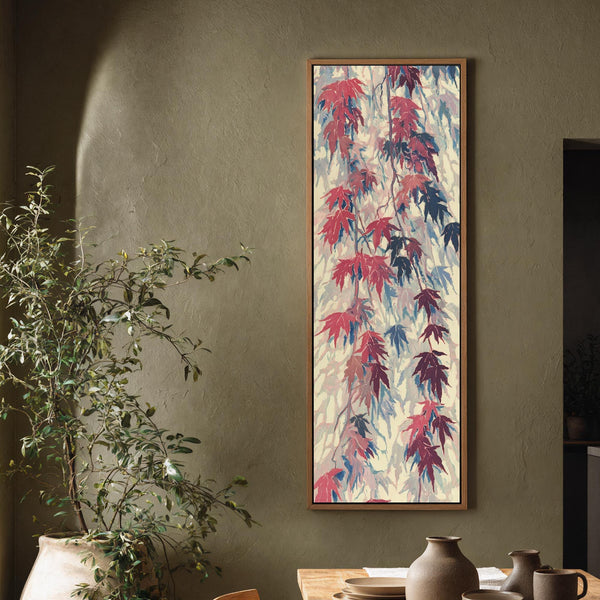 Vertical canvas wall art in interior setting.