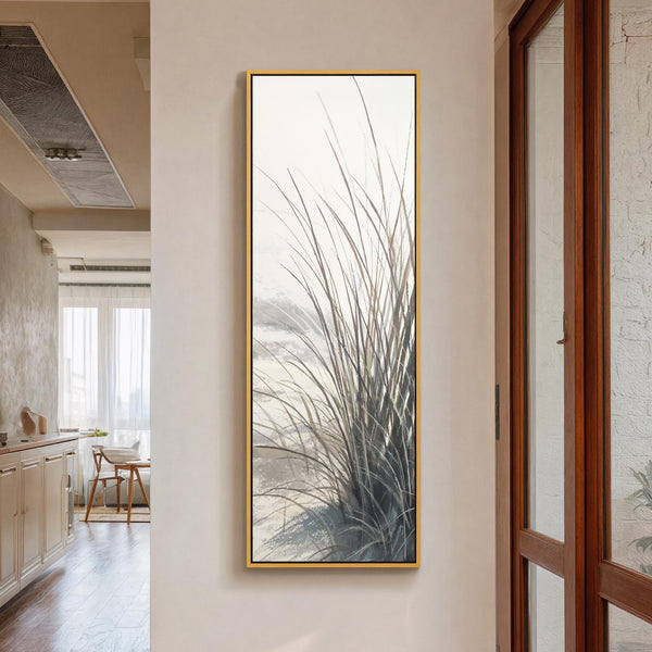 Vertical canvas wall art in interior setting.