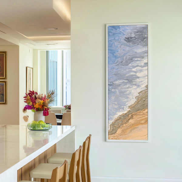 Vertical canvas wall art in interior setting.