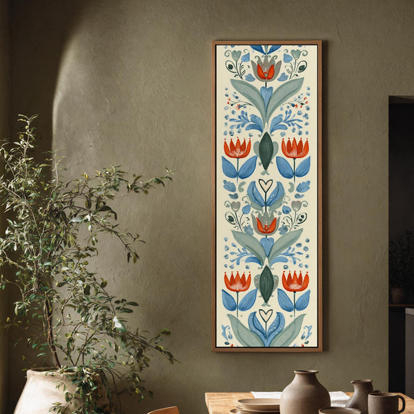 Vertical canvas wall art in interior setting.