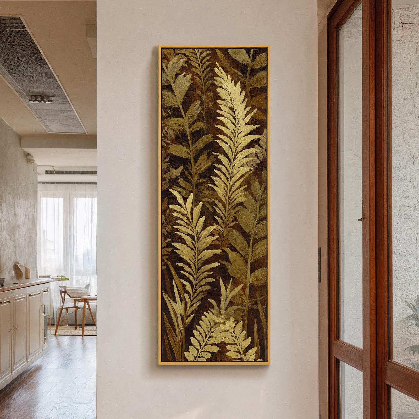 Vertical canvas wall art in interior setting.