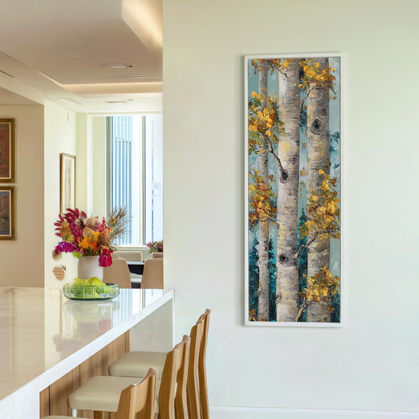 Vertical canvas wall art in interior setting.