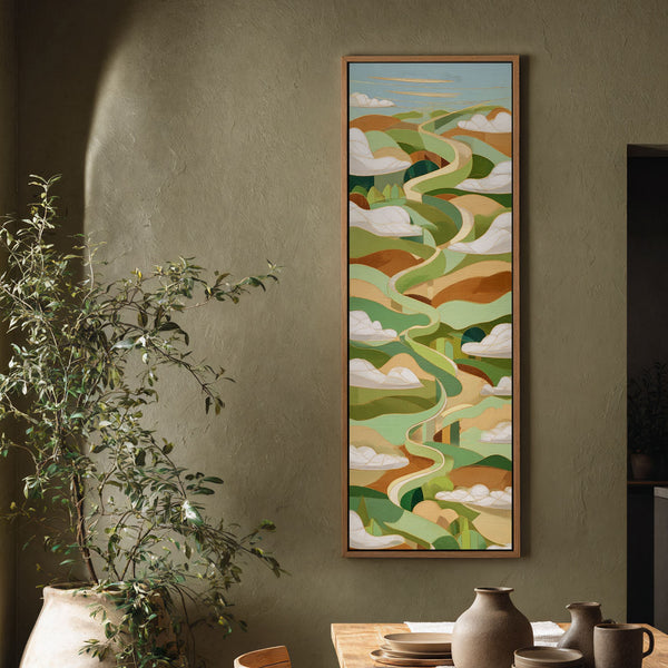 Vertical canvas wall art in interior setting.