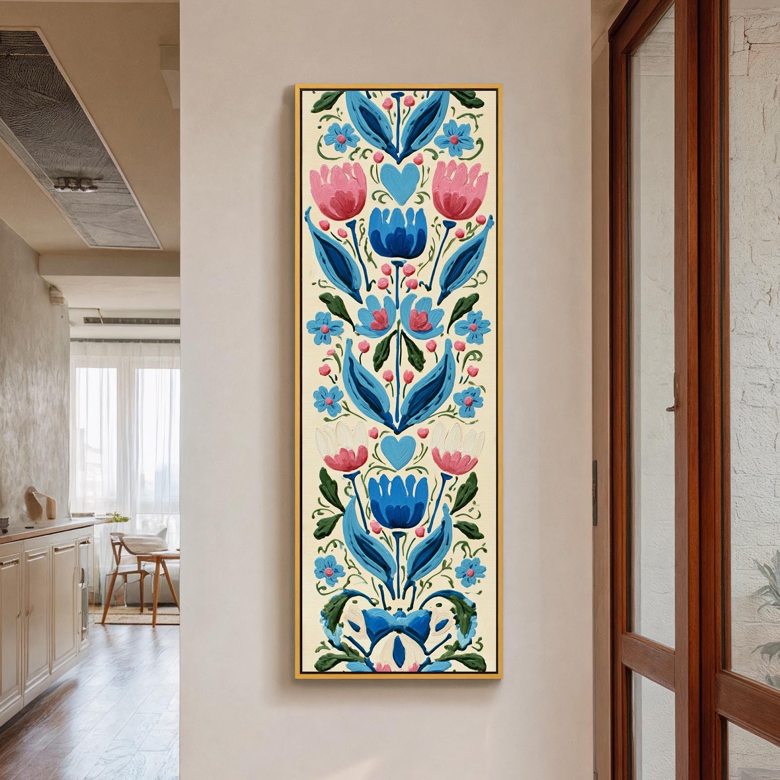 Vertical canvas wall art in interior setting.