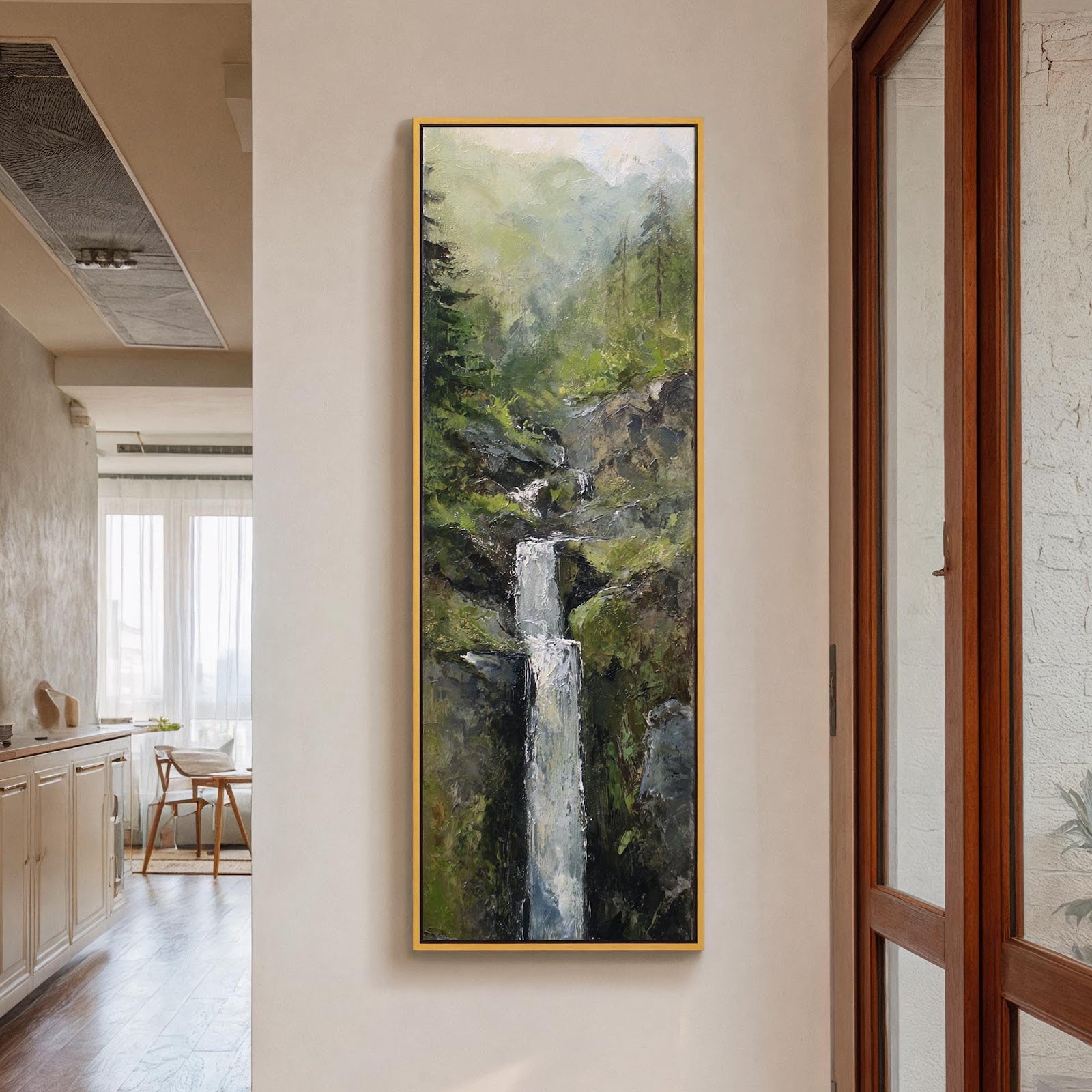 Vertical canvas wall art in interior setting.