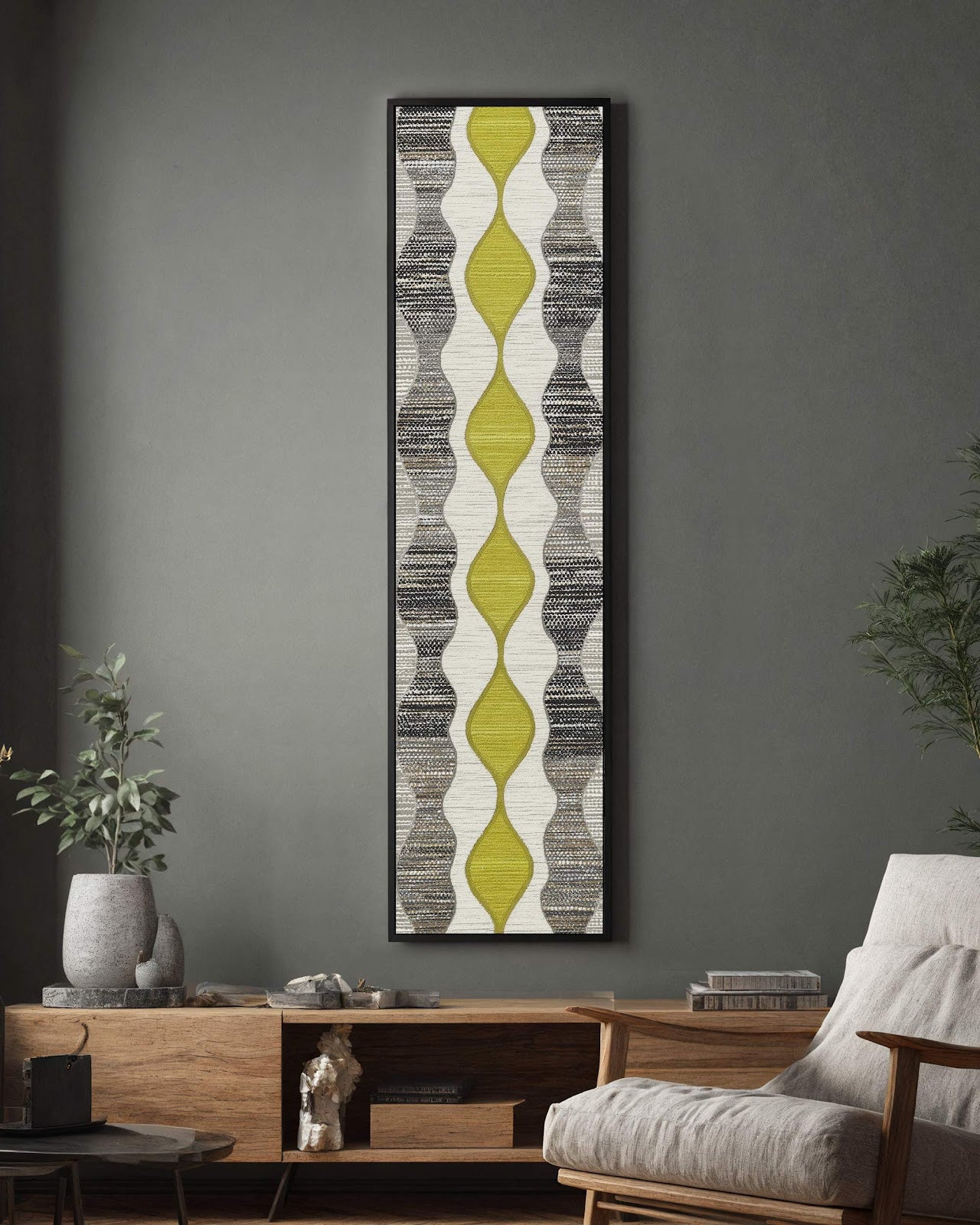 Vertical canvas wall art in interior setting.