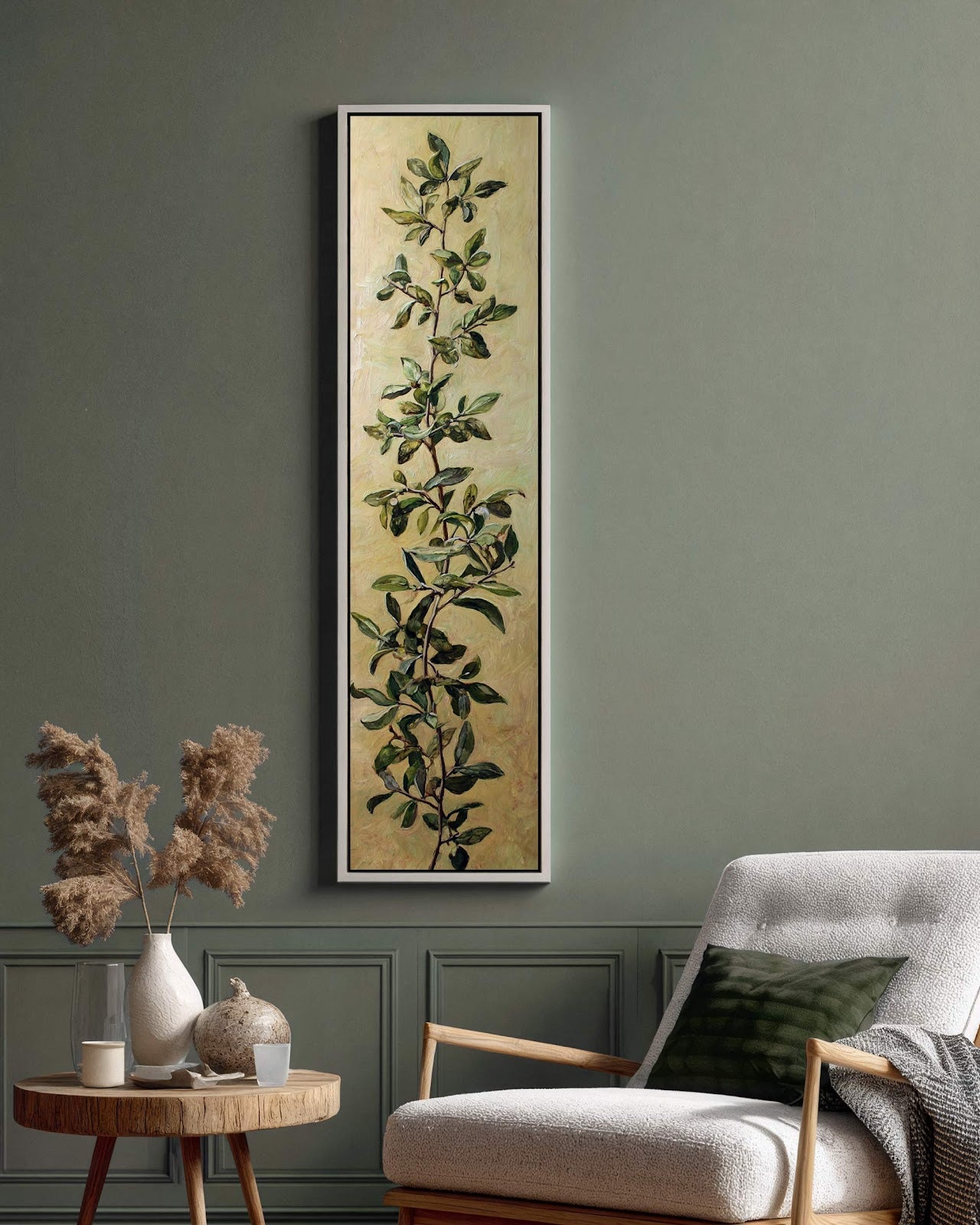 Vertical canvas wall art in interior setting.