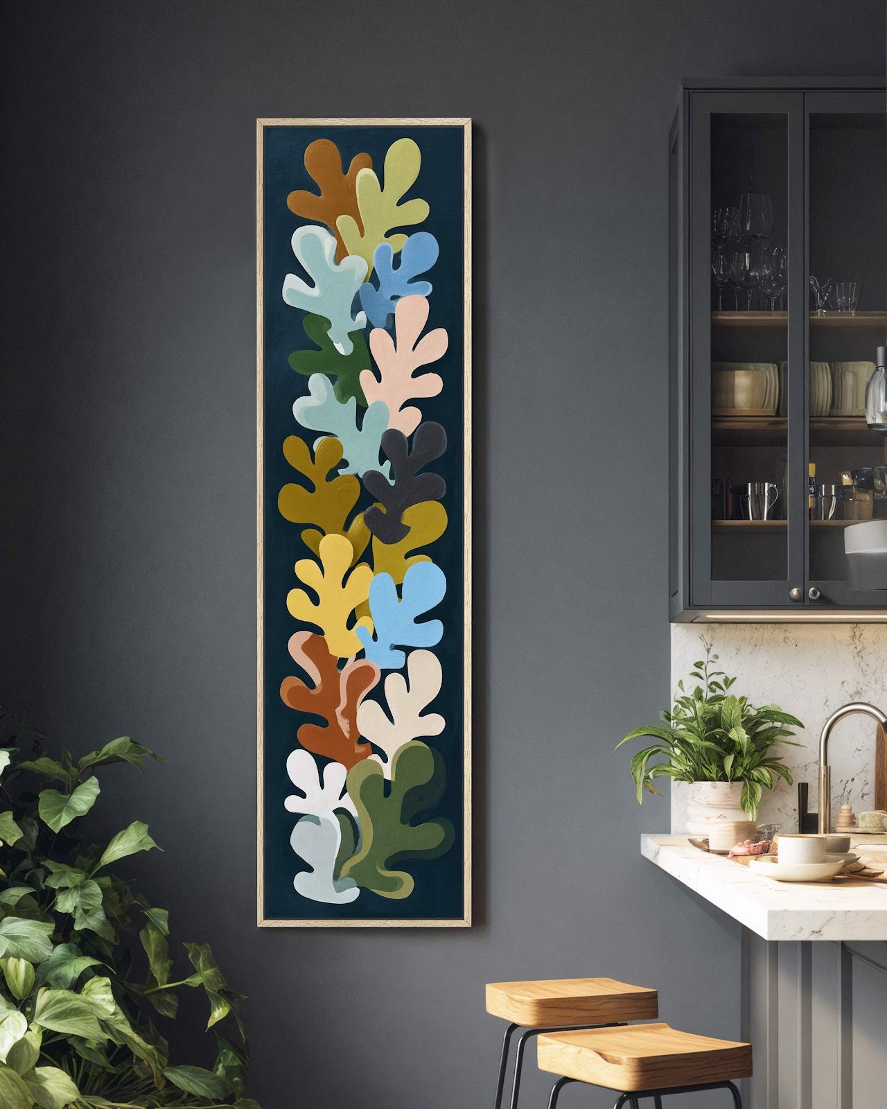 Vertical canvas wall art in interior setting.