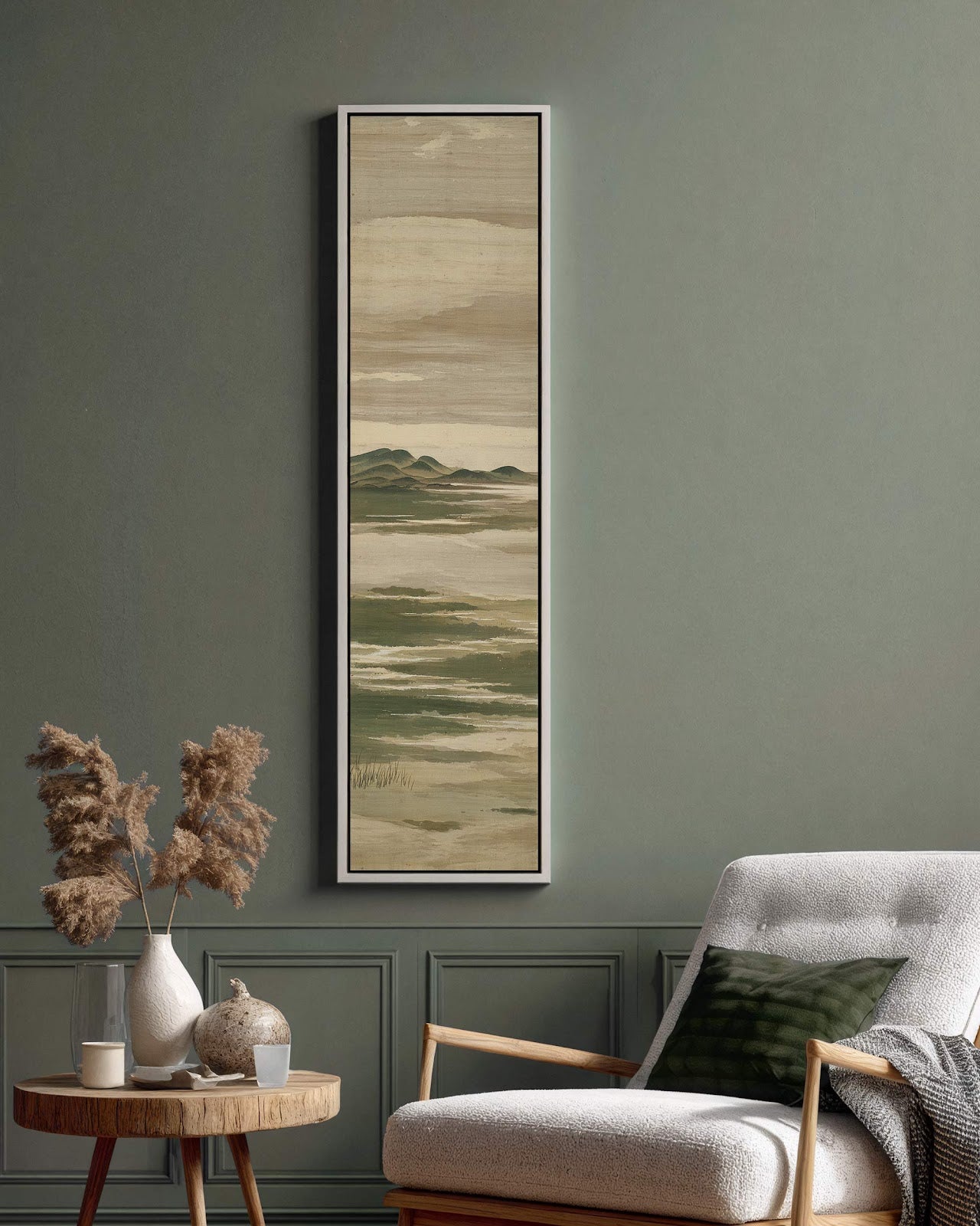 Vertical canvas wall art in interior setting.