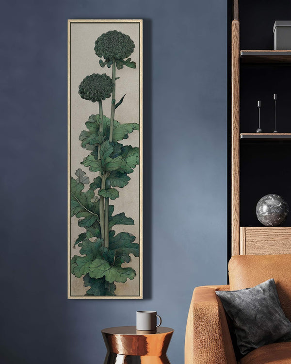 Vertical canvas wall art in interior setting.