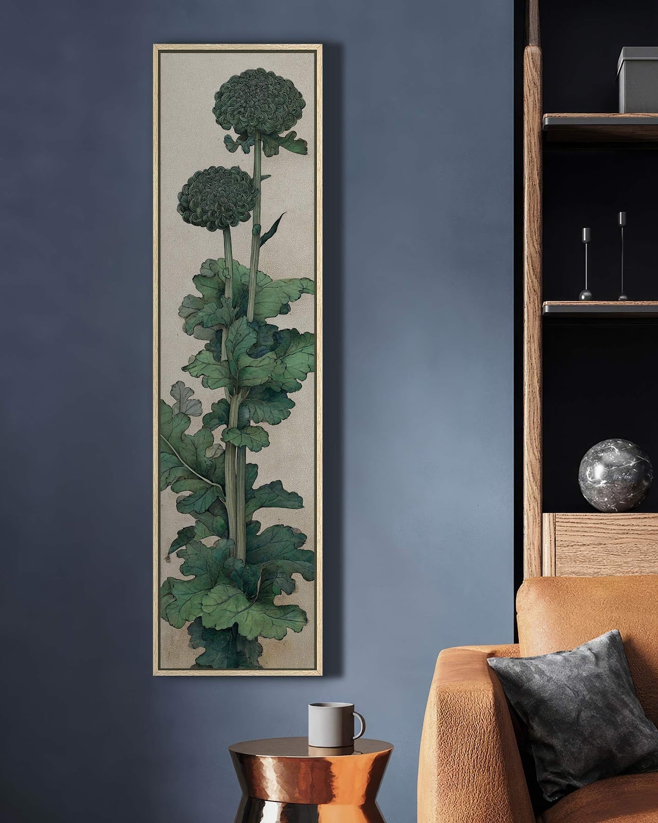 Vertical canvas wall art in interior setting.