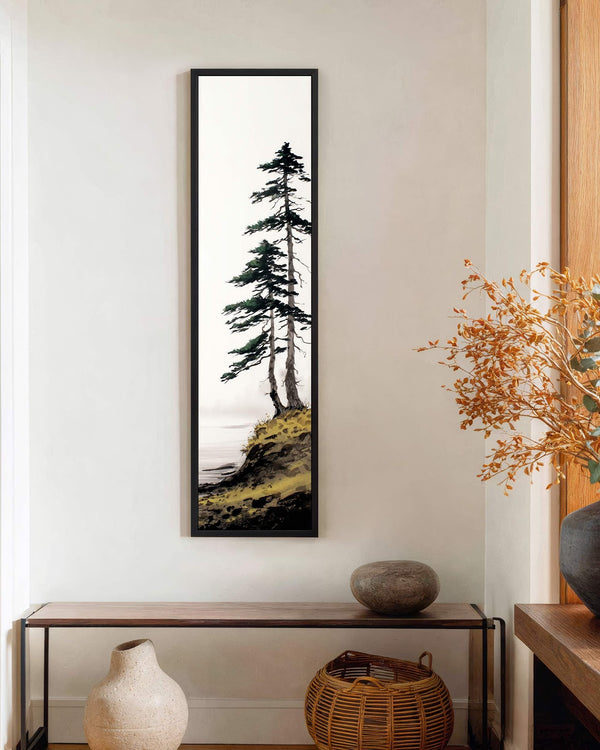 Vertical canvas wall art in interior setting.