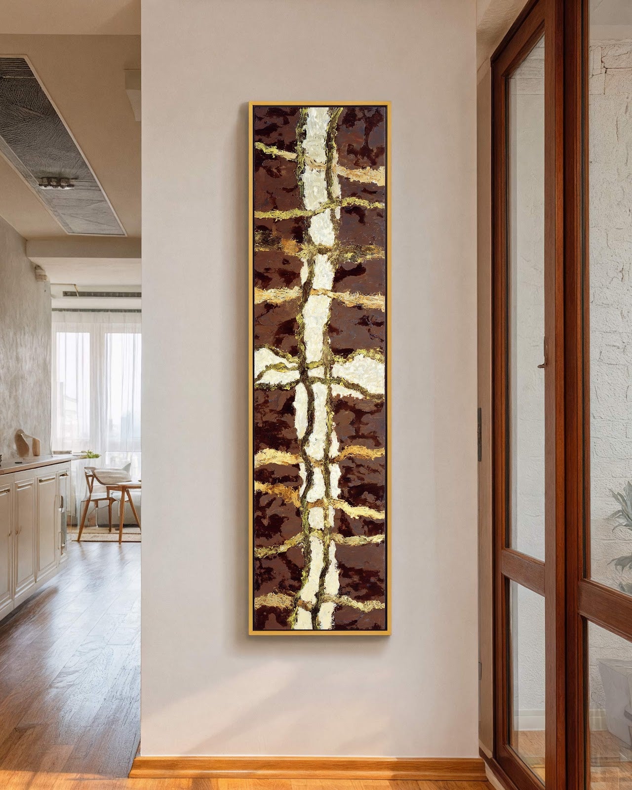 Vertical canvas wall art in interior setting.