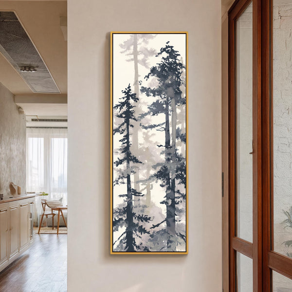 Vertical canvas wall art in interior setting.