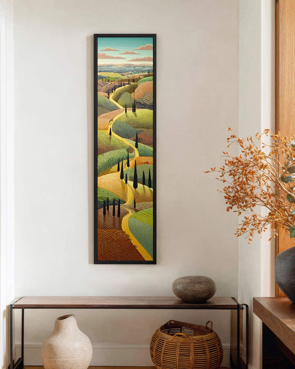 Vertical canvas wall art in interior setting.