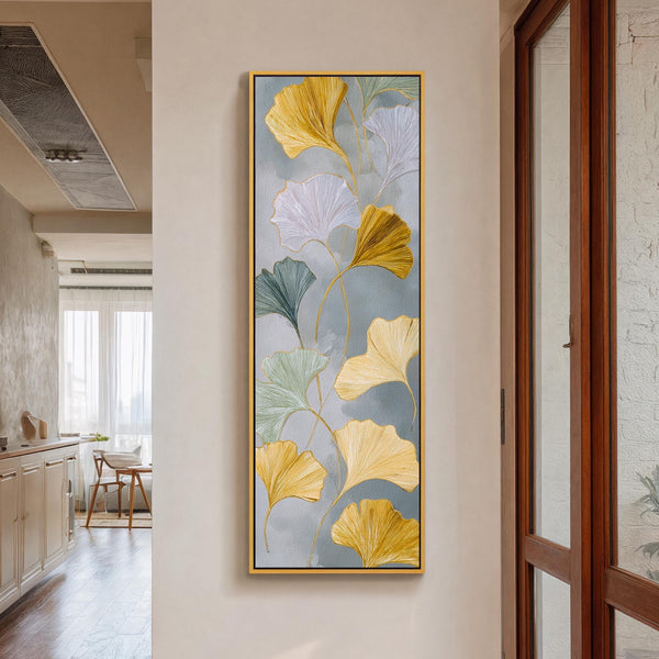 Vertical canvas wall art in interior setting.