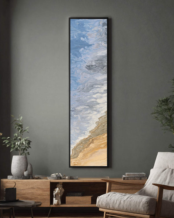 Vertical canvas wall art in interior setting.