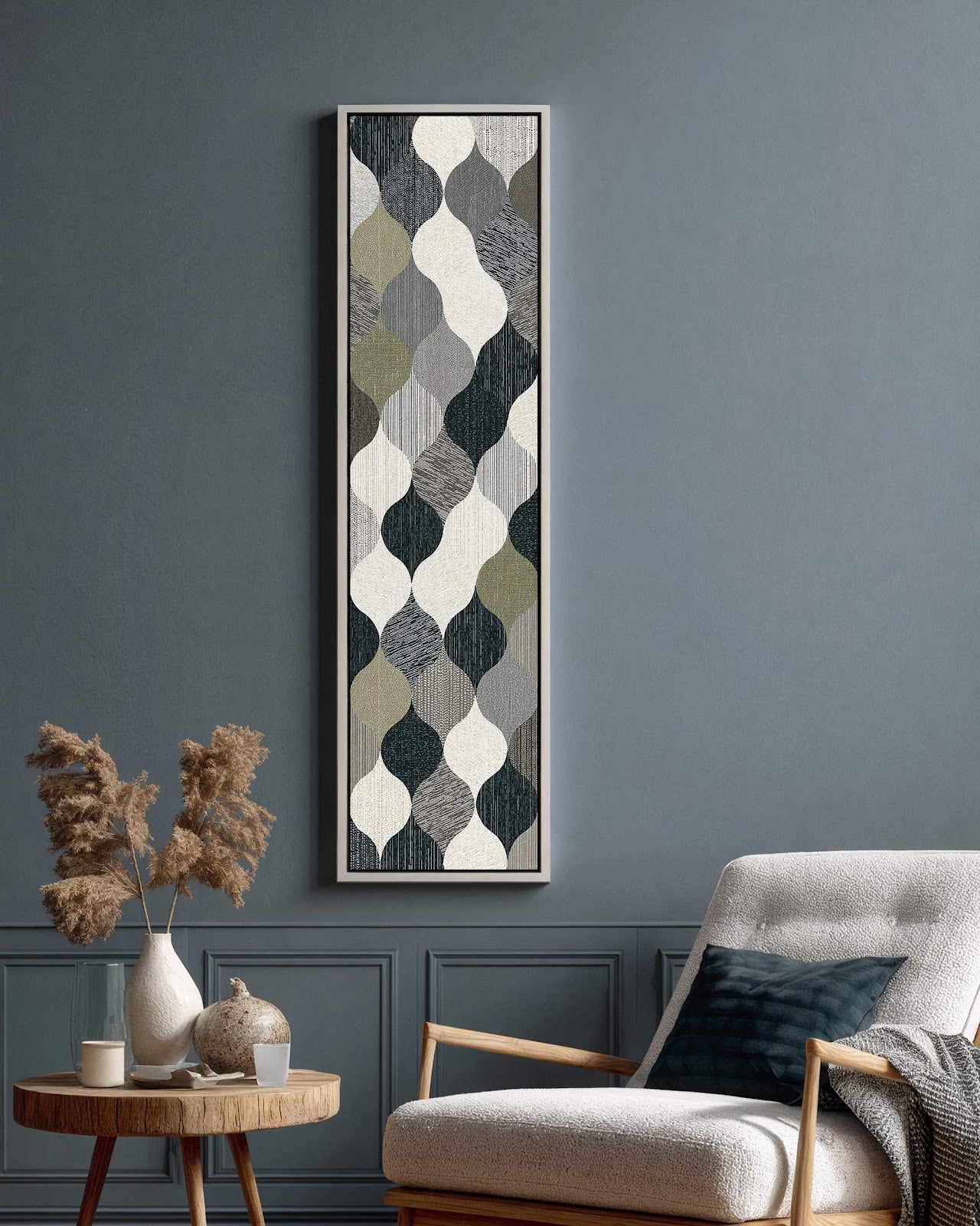 Vertical canvas wall art in interior setting.