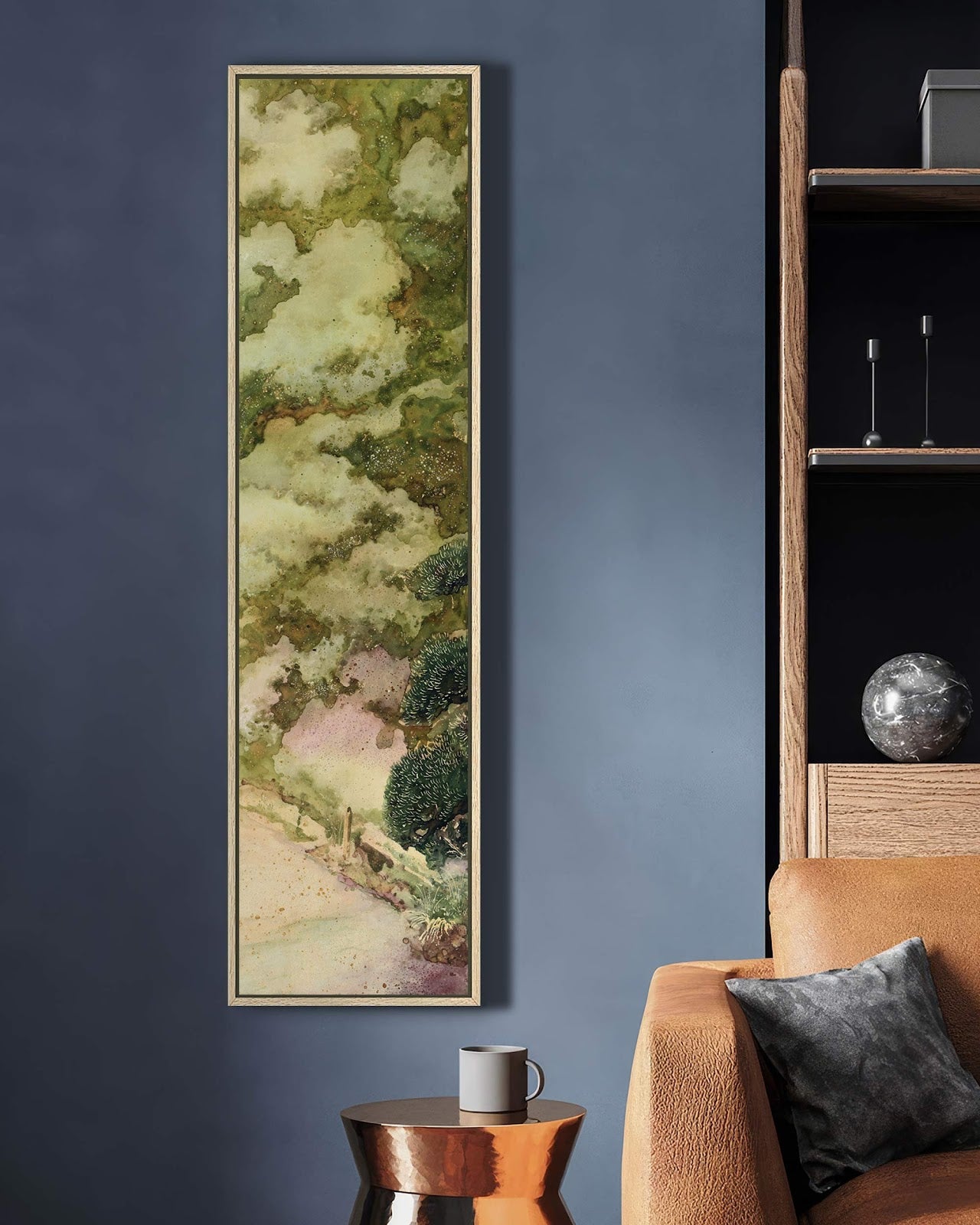 Vertical canvas wall art in interior setting.