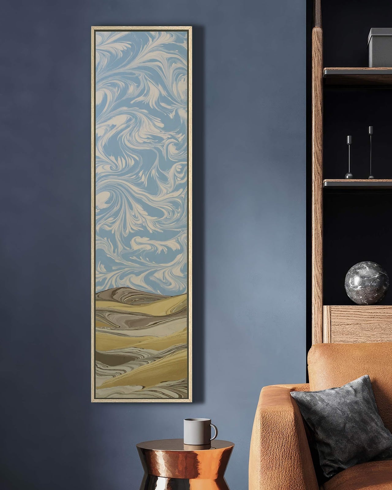 Vertical canvas wall art in interior setting.