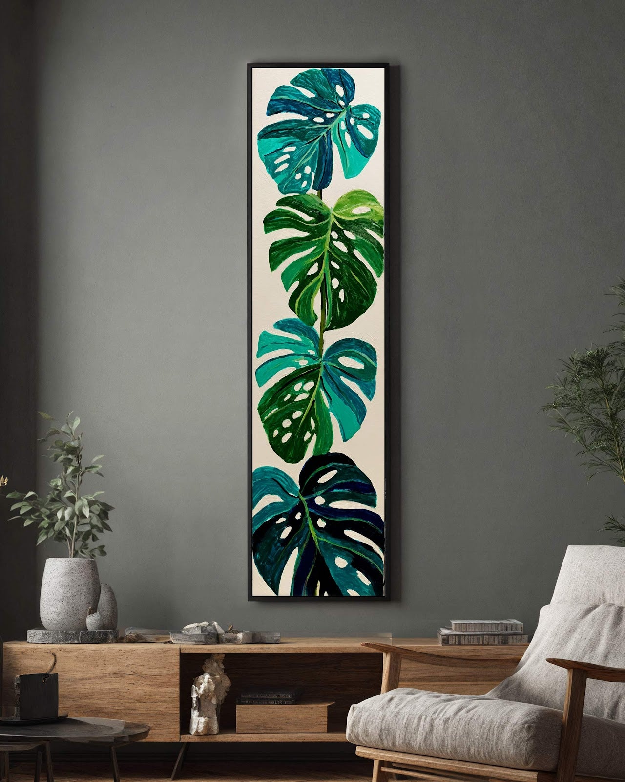 Vertical canvas wall art in interior setting.