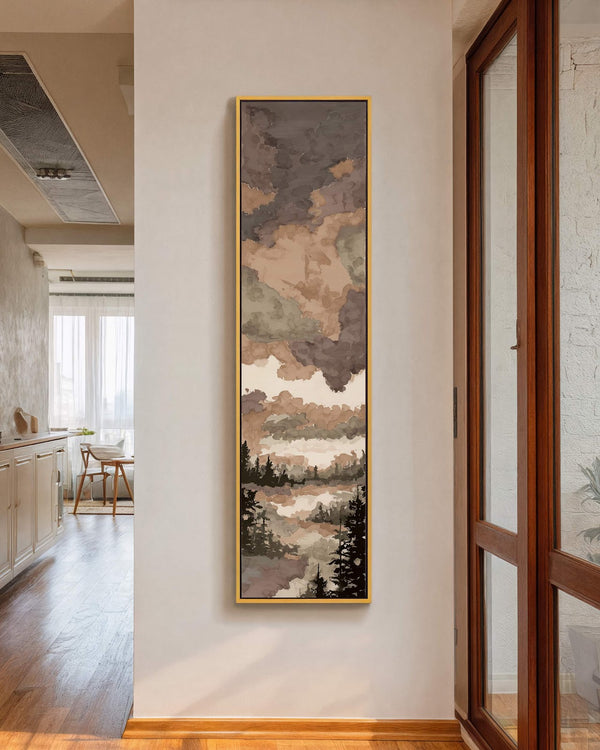 Vertical canvas wall art in interior setting.