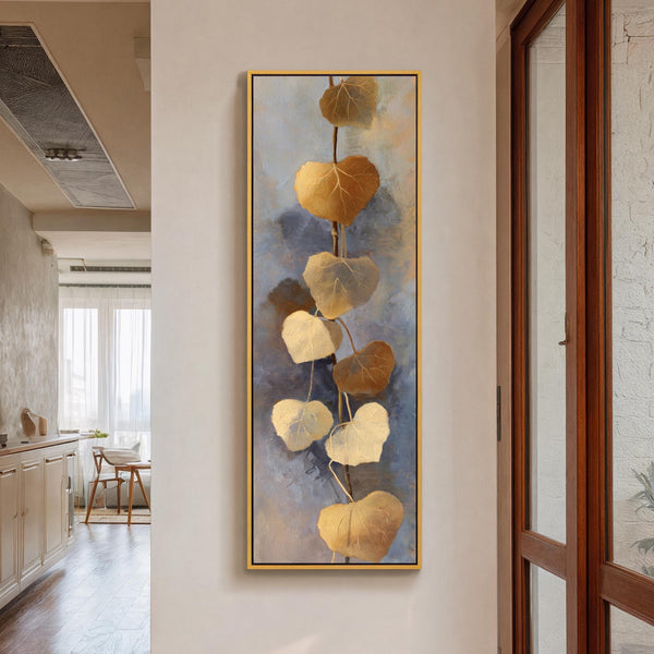 Vertical canvas wall art in interior setting.