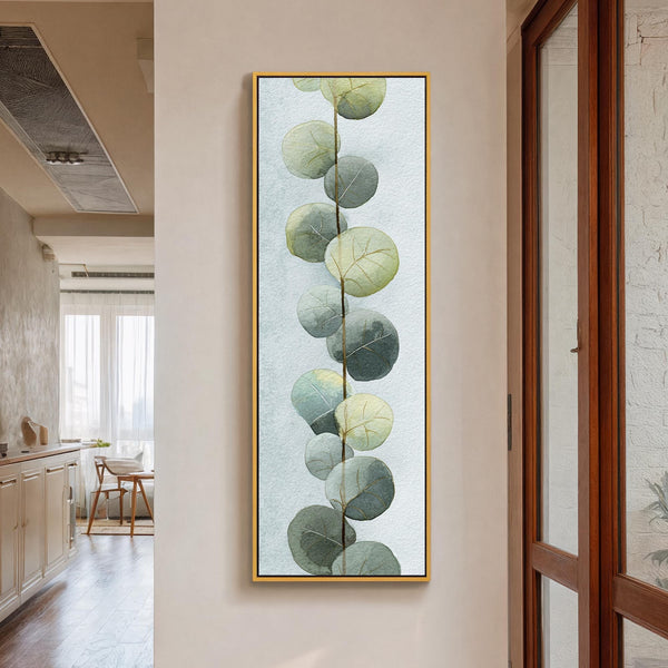 Vertical canvas wall art in interior setting.